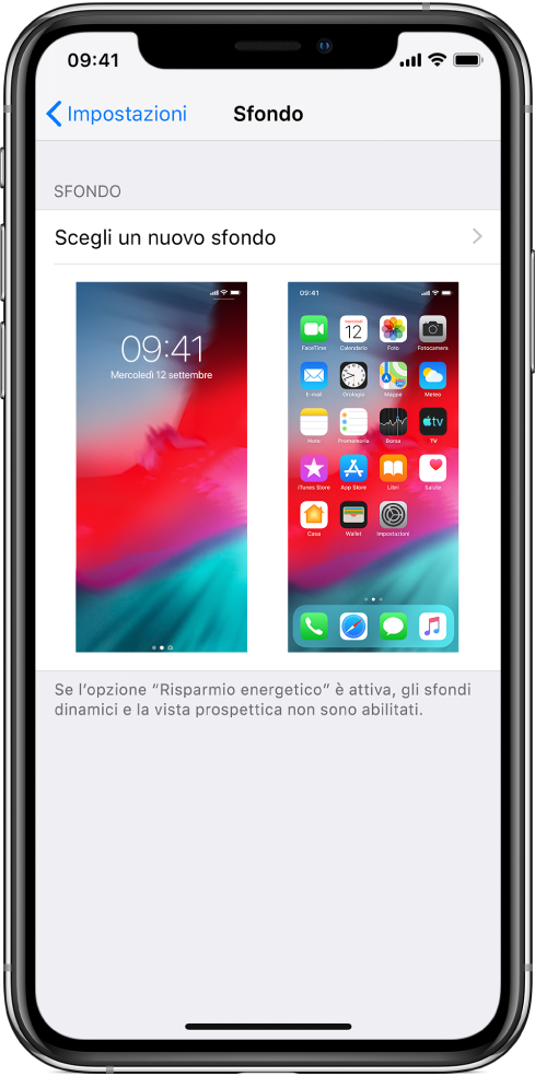 La schermata delle impostazioni dello sfondo: in alto, è mostrato il pulsante per la selezione un nuovo sfondo con le immagini di “Blocco schermo” e della schermata Home con lo sfondo corrente.