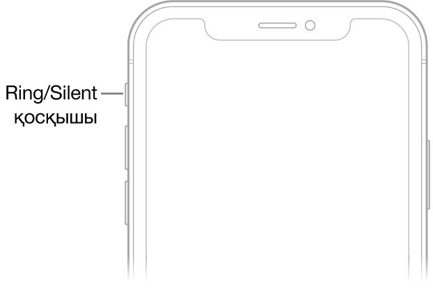 Ring/Silent қосқышын көрсетіп тұрған тілше дерегі бар iPhone құрылғысының алдыңғы жағының жоғарғы бөлігі.