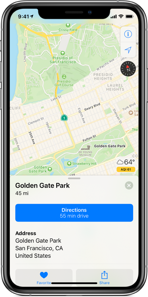 Сан-Франциско қаласының транзит картасы. Көріністі таңдау және ағымдағы орныңызды көрсету үшін түймелер жоғарғы оң жақ бұрышта көрсетіледі. Экранның төменгі жағындағы карта Алтын Қақпа Саябағы туралы ақпаратты, соның ішінде Flyover және Directions түймелерін және саябақтан үш фотосуретті қамтиды.