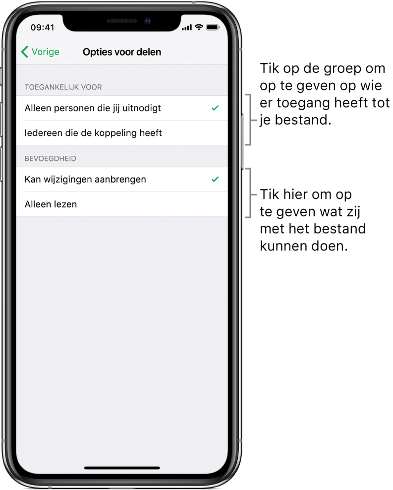 Het scherm 'Opties voor delen' met de bevoegdheden die je kunt instellen voor het gedeelde bestand. Bovenaan staan de opties voor wie het bestand toegankelijk is (alleen personen die jij uitnodigt of iedereen die de koppeling heeft). Daaronder staan de acties die deze personen kunnen uitvoeren (het bestand wijzigen of alleen lezen).
