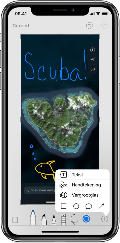 Een afbeelding van een kaart is geannoteerd in een blauw en geel handschrift. Het tekengereedschap en de kleurenkiezer verschijnen onder in het scherm. Rechtsonderin is een menu te zien met opties om tekst, een handtekening, een vergrootglas en vormen toe te voegen.