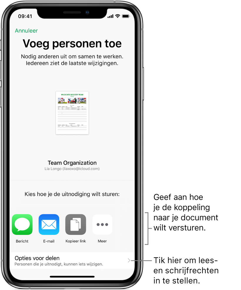 Een venster waarin je mensen uitnodigt om je bestand te bekijken en te wijzigen. De uitnodiging kan onder andere worden verstuurd via 'Bericht' en 'Mail'. Daaronder worden deelopties weergegeven.