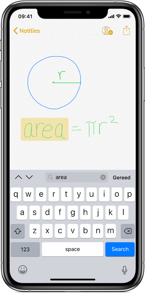 Een notitie met doorzoekbare, handgeschreven tekst. Het woord "area" is in het zoekveld ingevoerd en is in de notitie gemarkeerd.