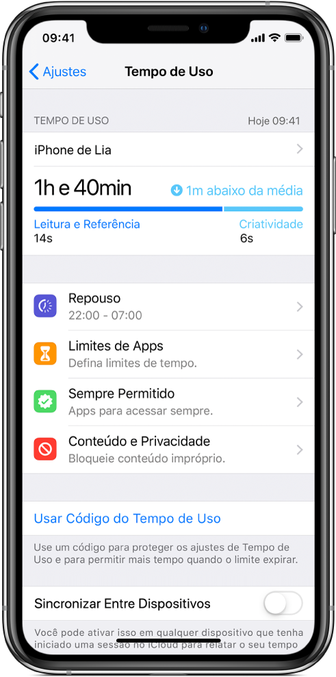Ajustes do Tempo de Uso que você pode ativar — Repouso, Limites de Apps, Sempre Permitido e Conteúdo e Privacidade.