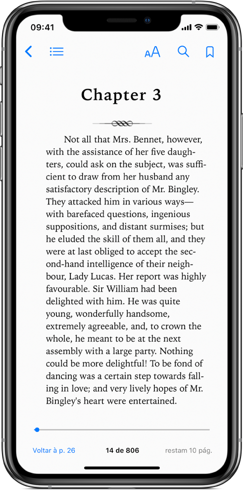 Página de um livro aberto no app Livros com botões na parte superior da tela, da direita para a esquerda na parte superior da tela, para fechar o livro, visualizar o índice, alterar o texto, buscar e criar marcadores. Há um controle deslizante na parte inferior da tela.
