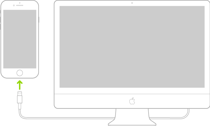 iPhone conectado a um computador Mac usando o Cabo de Lightning para USB.