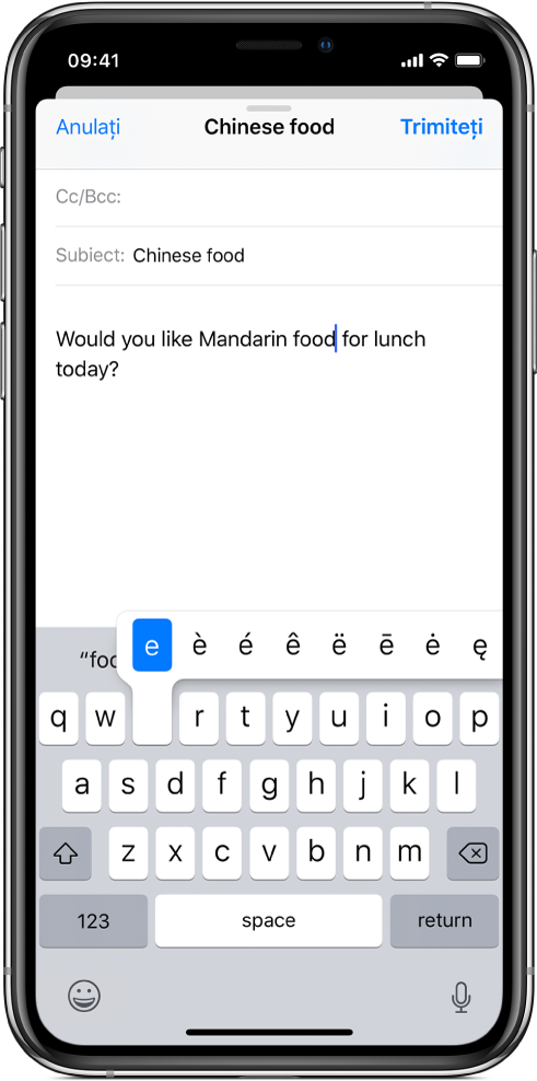 Ecran prezentând caracterele alternative pentru tasta “e”.