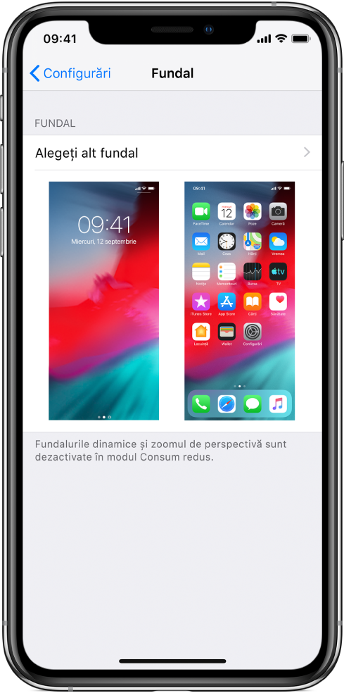 Ecranul de configurare a fundalului, cu butonul pentru alegerea unui fundal nou în partea de sus și imagini ale ecranului de blocare și ecranului principal cu fundalul curent.