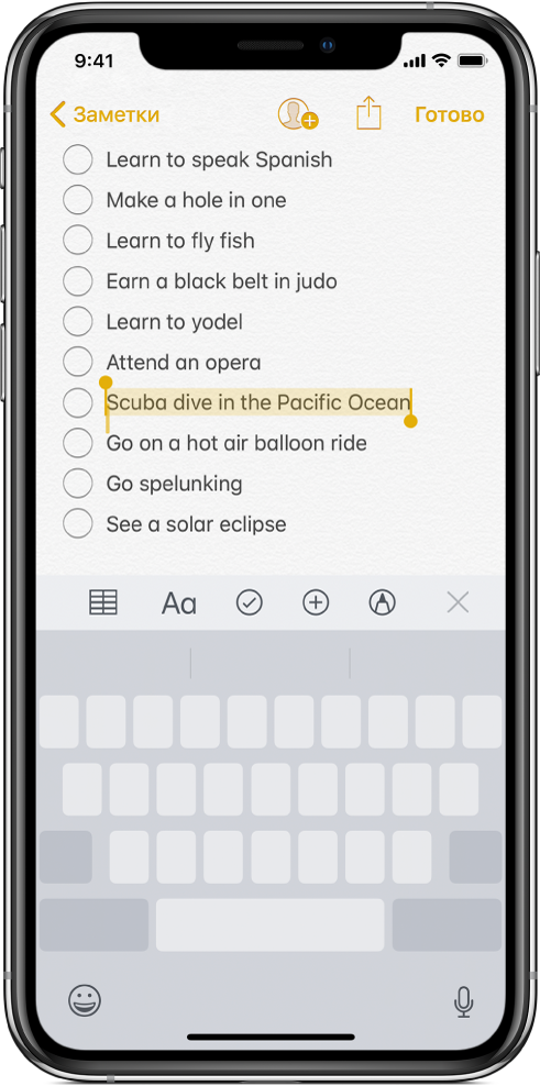 Заметка, редактируемая на клавиатуре в режиме трекпада. Клавиатура затемнена, а текст выделен.