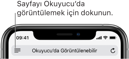 Solda Okuyucu düğmesi ile birlikte Safari’de adres alanı.