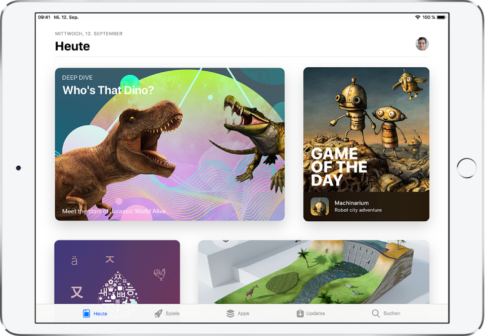 Bildschirm „Heute“ des App Store mit einer vorgestellten App. Durch Tippen auf dein Profilbild oben rechts kannst du die Käufe ansehen, die du getätigt hast. Unten befinden sich von links nach rechts die Tabs „Heute“, „Spiele“, „Apps“, „Updates“ und „Suchen“.