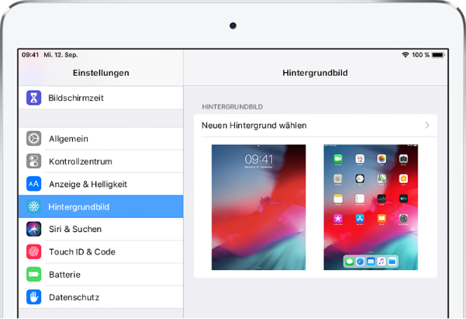 Der Bildschirm mit den Einstellungen für den Hintergrund mit der Taste zum Auswählen eines neuen Hintergrundbilds oben und den Darstellungen des Sperr- und des Home-Bildschirms mit ihren aktuellen Hintergrundbildern.