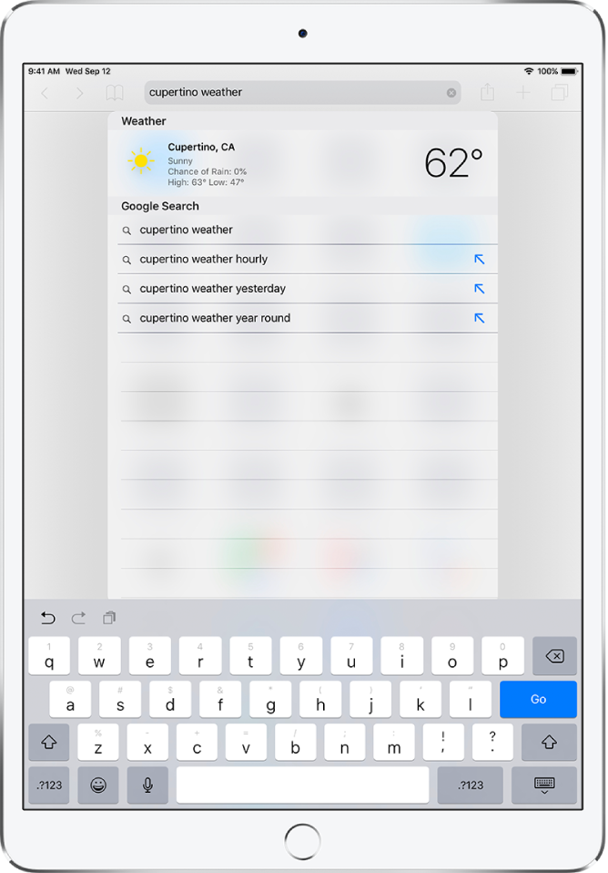 At the top of the screen is the Safari search field, containing the text “cupertino weather.” Below the search field is a result showing the current weather and temperature for Cupertino. Below that are Google Search results, including “cupertino weather,” “cupertino weather hourly,” “cupertino weather yesterday,” and “cupertino weather year round.” On the right side of each result is a blue arrow to link to the specific search result page.