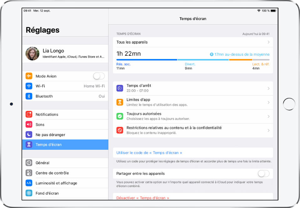 Les réglages de « Temps d’écran » que vous pouvez activer : Temps d’arrêt, Limites d’app, Toujours autorisées et Restrictions relatives au contenu et à la confidentialité.