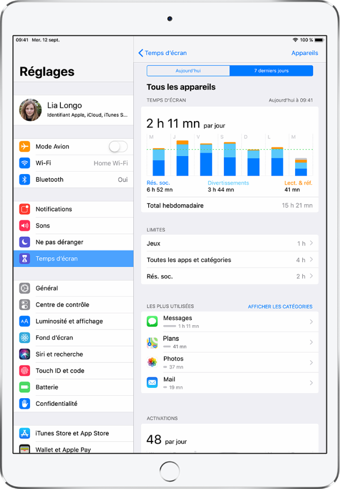 Un rapport hebdomadaire de « Temps d’écran » affichant le temps d’utilisation des apps, par app et par catégorie.