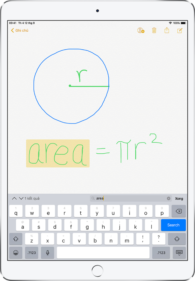 Ghi chú với chữ viết tay có thể tìm kiếm. Từ “khu vực” được nhập vào trường tìm kiếm và được tô sáng trong ghi chú.