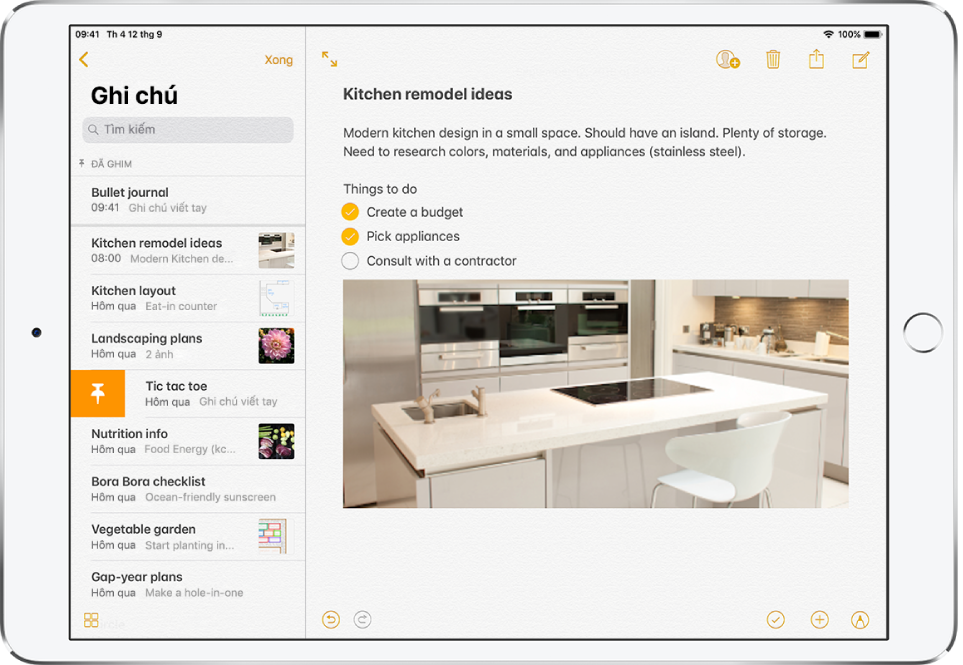Danh sách các ghi chú với trường tìm kiếm ở trên cùng.