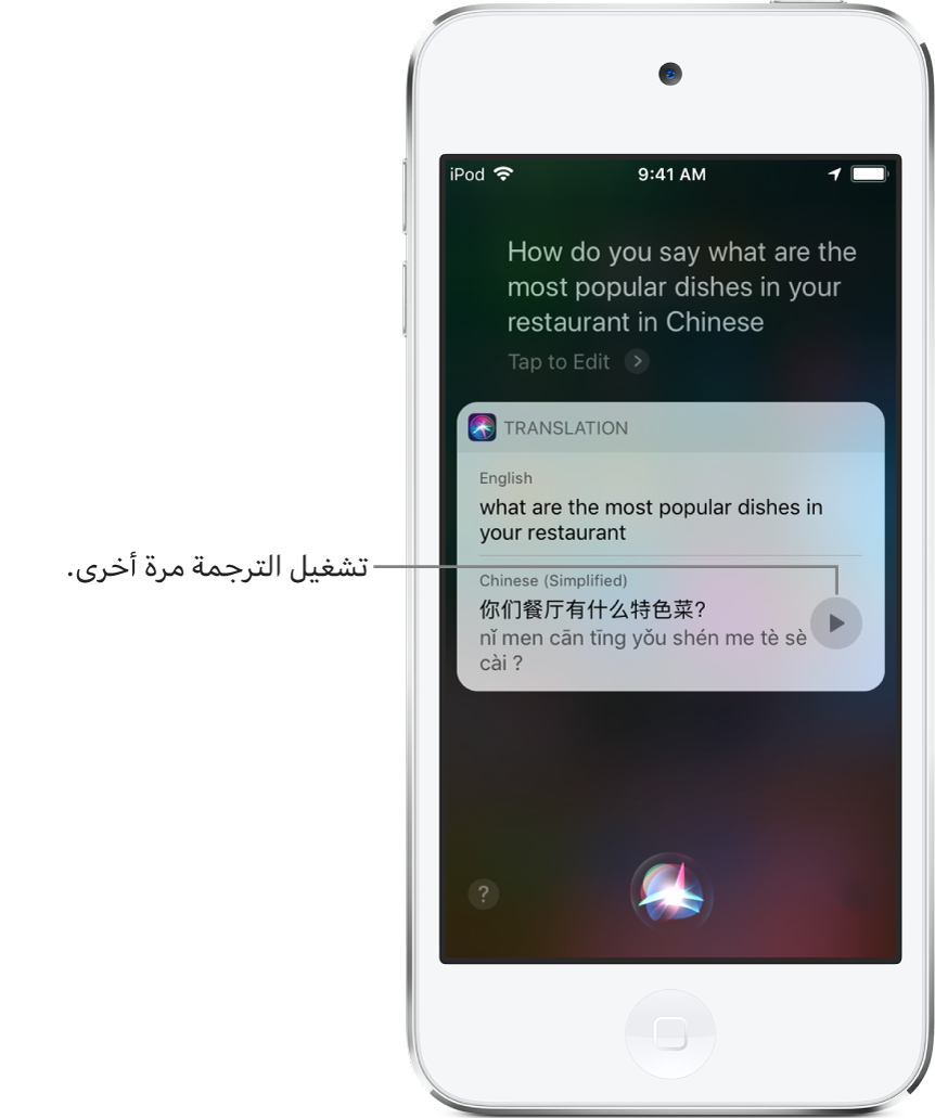 ردًا على السؤال "ترجم ما هي الأطباق المشهورة لديكم بالإنجليزية؟" يعرض Siri ترجمة للعبارة الإنجليزية "ما هي الأطباق الأكثر شعبية في مطعمك" باللغة الصينية. يوجد زر على يسار الترجمة يعيد تشغيل صوت الترجمة.