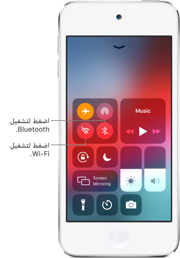 مركز التحكم وبه قد تم تشغيل نمط الطيران، وتظهر به وسائل شرح توضح أن الضغط على الزر الموجود بأسفل اليمين في مجموعة عناصر التحكم العلوية اليمنى يؤدي إلى تشغيل Wi-Fi والضغط على الزر الموجود بأسفل اليسار في تلك المجموعة يؤدي إلى تشغيل Bluetooth.