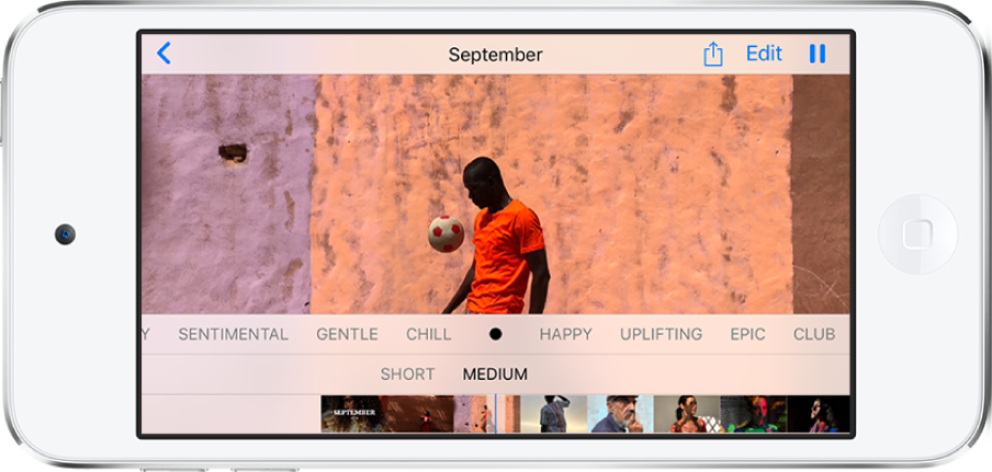 شاشة تخصيص ذكرى. تظهر معاينة للذكرى بالقرب من أعلى الشاشة. تتضمن الحالات المزاجية عاطفي ولطيف وبارد، وتظهر في نطاق أسفل المعاينة مباشرةً. توجد أسفل ذلك مدتان زمنيتان—قصيرة ومتوسطة. تظهر أزرار مشاركة وتحرير وتشغيل في الزاوية العلوية اليسرى. يظهر زر رجوع في الزاوية العلوية اليمنى.