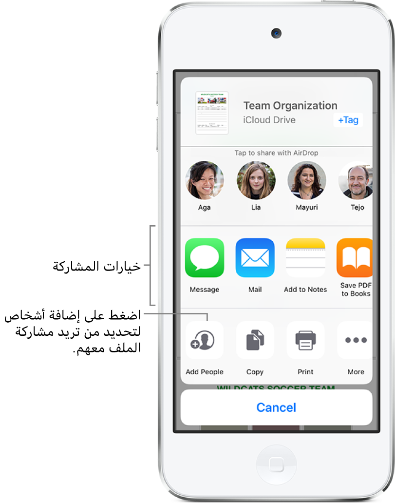 شاشة مشاركة الملفات. في الجزء العلوي يظهر الملف المحدد للمشاركة. أسفل ذلك يظهر الأشخاص الذين يمكنك المشاركة معهم باستخدام AirDrop. وفي الصف التالي تظهر خيارات المشاركة، وتشمل الرسالة والبريد وإضافة إلى الملاحظات. توجد أزرار في الصف السفلي للإجراءات، بما في ذلك إضافة أشخاص ونسخ وطباعة.