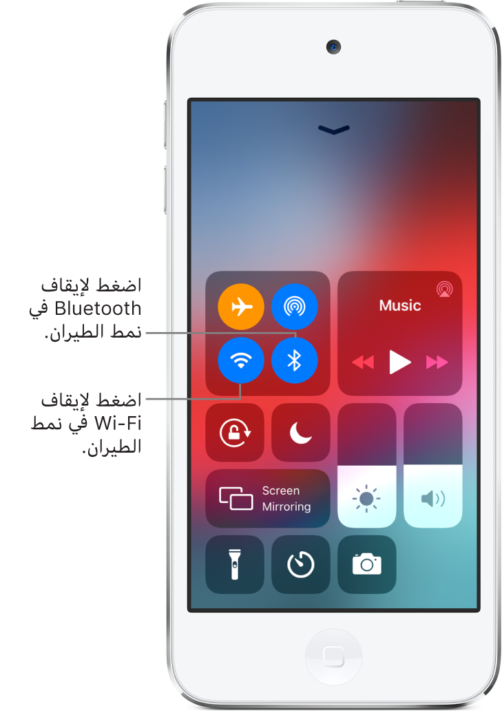 مركز التحكم وبه قد تم تشغيل نمط الطيران، وتظهر به وسائل شرح توضح أن الضغط على الزر الموجود بأسفل اليمين في مجموعة عناصر التحكم العلوية اليمنى يؤدي إلى إيقاف Wi-Fi والضغط على الزر الموجود بأسفل اليسار في تلك المجموعة يؤدي إلى إيقاف Bluetooth.