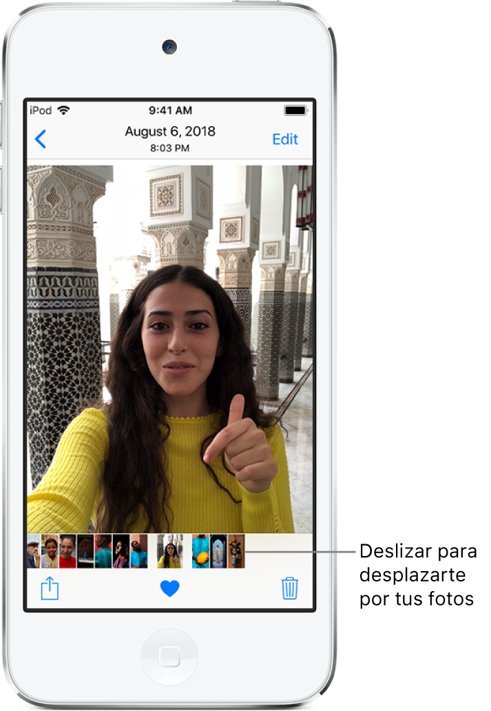 Foto con miniaturas de otras fotos en la parte inferior de la pantalla. Arriba a la izquierda hay un botón de retroceder, que te lleva a la pestaña en la que estabas explorando. Abajo están los botones Compartir, “Me gusta” y Eliminar. En la parte superior derecha está el botón Editar.