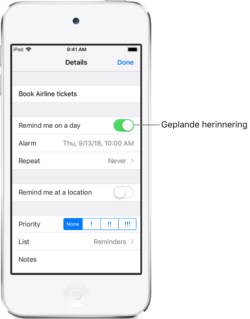 Een detailscherm van Herinneringen. 'Toon op een dag' is ingeschakeld; de geplande datum en tijd staan eronder.