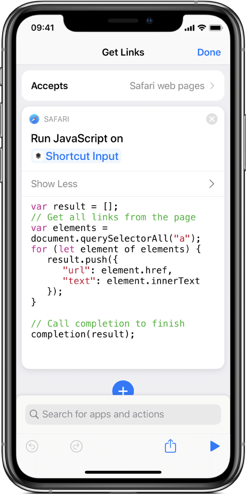 The Run JavaScript on Web Page action in the shortcut editor.