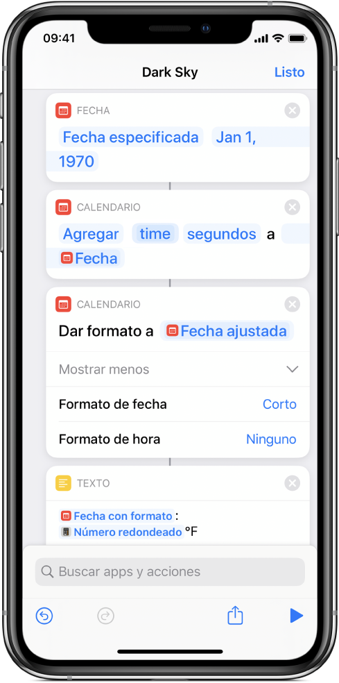 Atajos con acciones que convierten el tiempo UNIX a un formato de fecha más fácil de leer