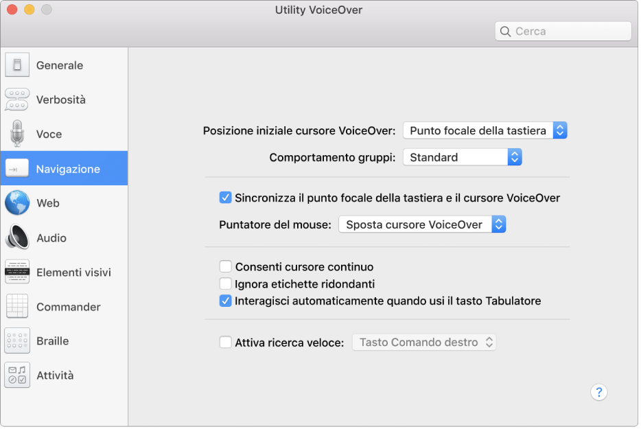 La finestra di Utility VoiceOver che mostra la categoria Navigazione selezionata nella barra laterale a sinistra e le rispettive opzioni a destra. Nell'angolo in basso a destra della finestra è presente un pulsante Aiuto per visualizzare l’Aiuto online di VoiceOver che spiega queste opzioni.