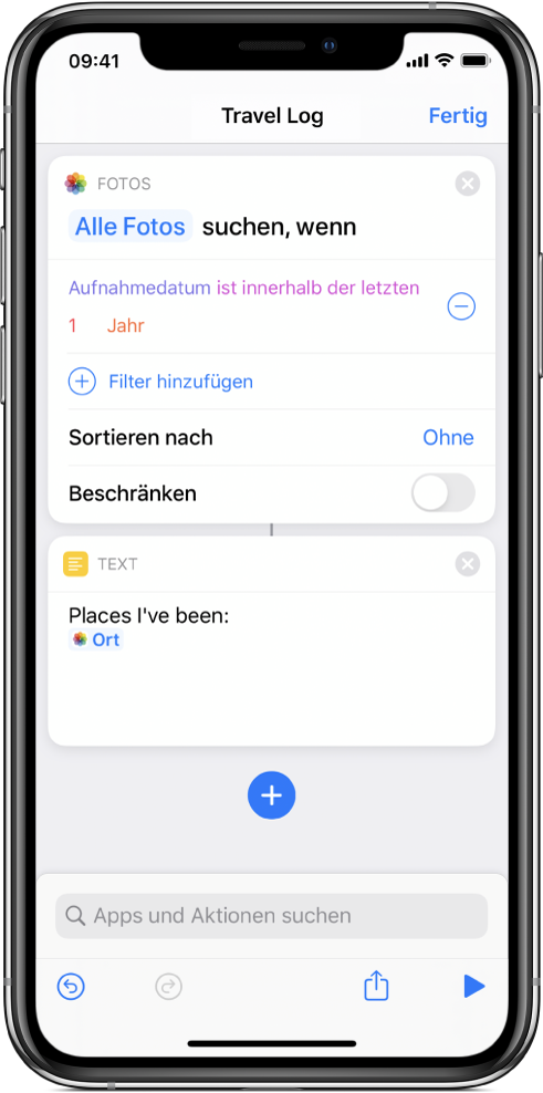 Kurzbefehleditor mit der Taste „Aktion anzeigen“.