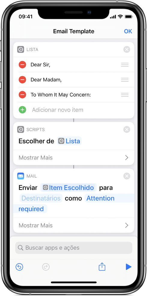 Ação Lista para textos de saudação.