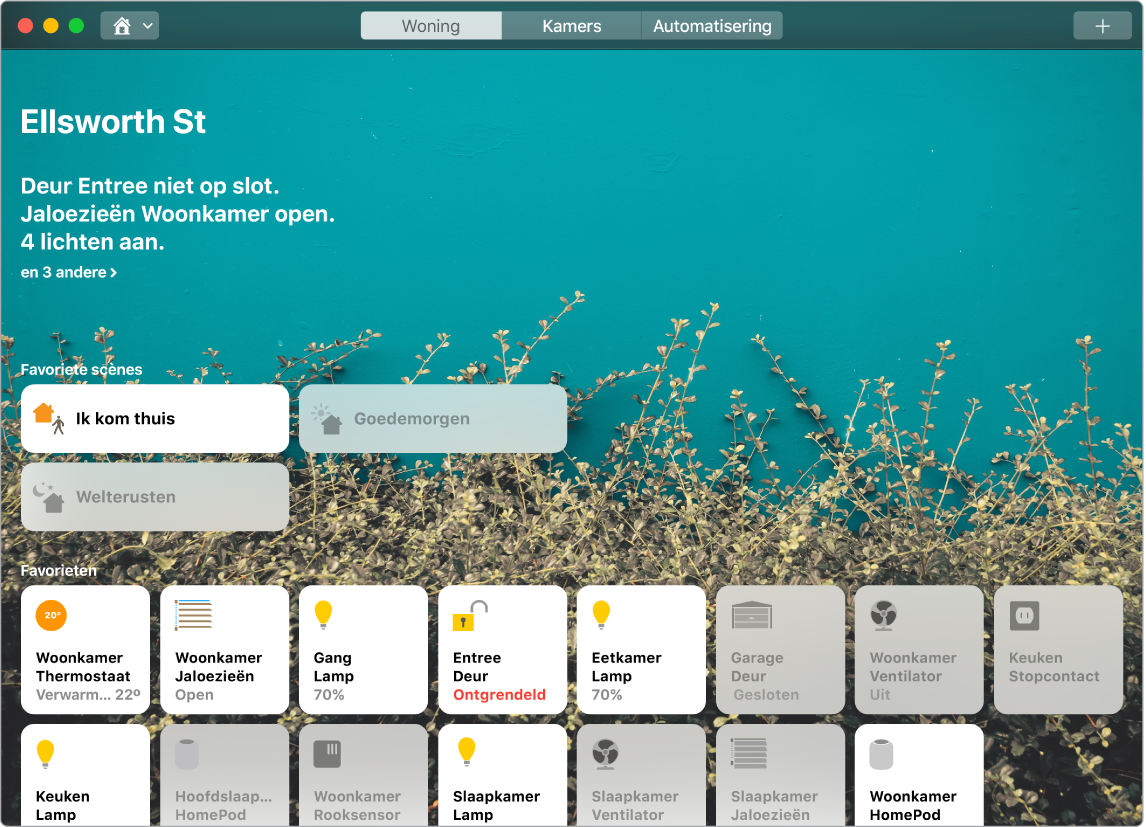 De Woning-app met favoriete scènes en favoriete accessoires.