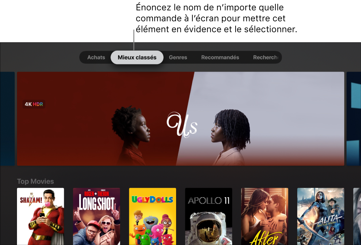 iTunes Store avec les commandes de menu pouvant être prononcées