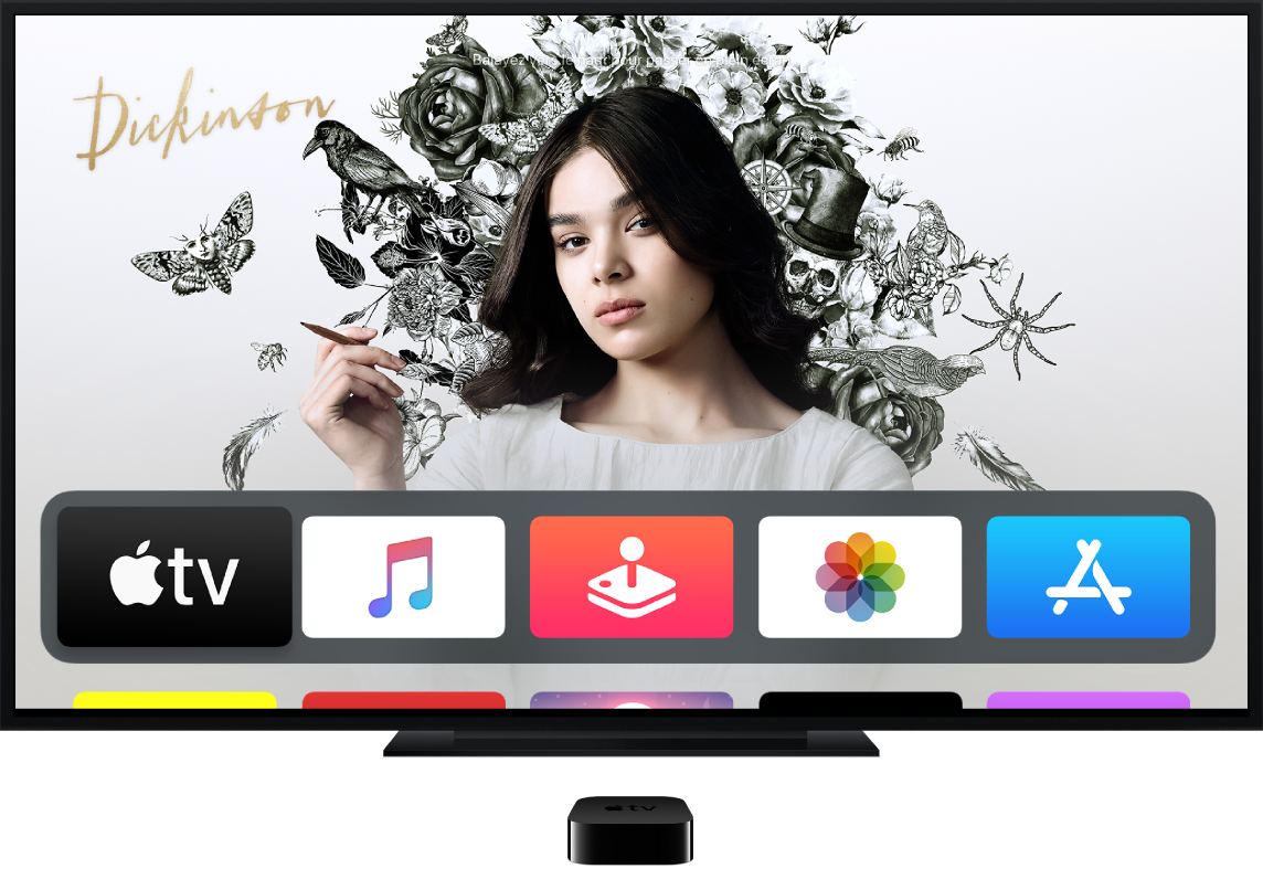 L’Apple TV connectée à un téléviseur sur lequel l’écran d’accueil est affiché