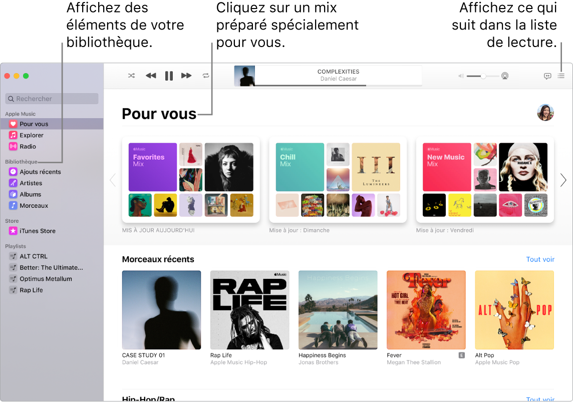 La fenêtre de l’app Musique indiquant comment afficher votre bibliothèque, écouter Apple Music et voir le prochain morceau.