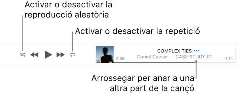 La cinta amb una cançó en reproducció. El botó Aleatori a la cantonada superior esquerra i el botó Repetir a la cantonada superior dreta. Arrossega el control lliscant per anar a una part diferent de la cançó.