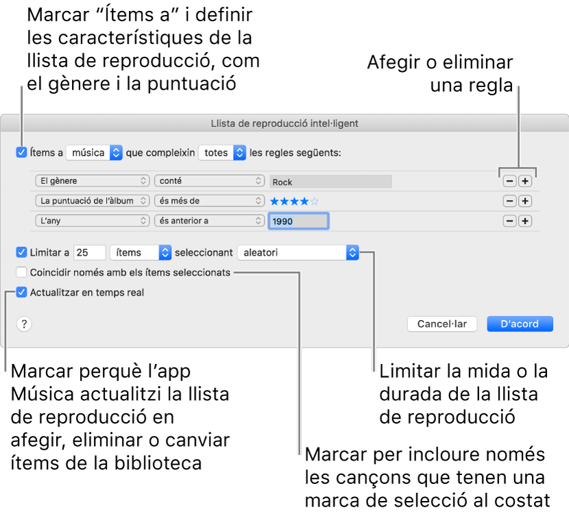 La finestra “Llista de reproducció intel·ligent”: A la cantonada superior esquerra, selecciona Complir i indica els criteris de la llista de reproducció (com ara el gènere i la puntuació). Continua afegint o eliminant regles fent clic als botons Afegir o Eliminar de la cantonada superior dreta. Pots seleccionar diverses opcions a la part inferior de la finestra, com ara limitar la mida o la durada de la llista de reproducció, incloure només les cançons que estan marcades o fer que l’app Música actualitzi la llista de reproducció a mesura que canviïn els ítems de la biblioteca.