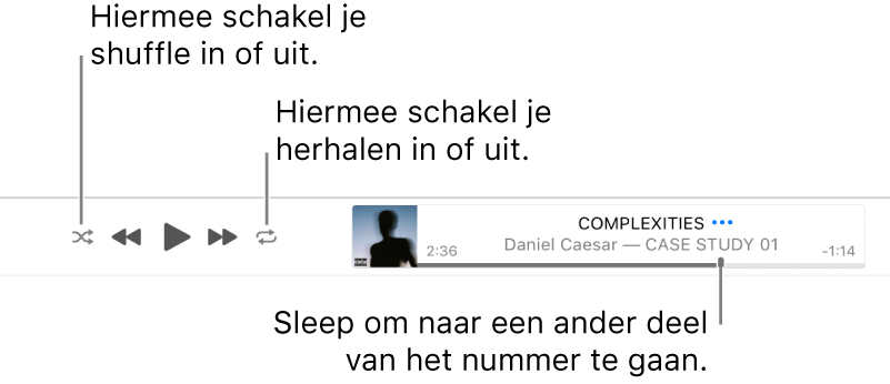 De banner, waarin een nummer wordt afgespeeld. De shuffleknop staat linksbovenin; de herhaalknop zie je rechtsbovenin. Sleep de navigatiebalk om een ander deel van het nummer te beluisteren.