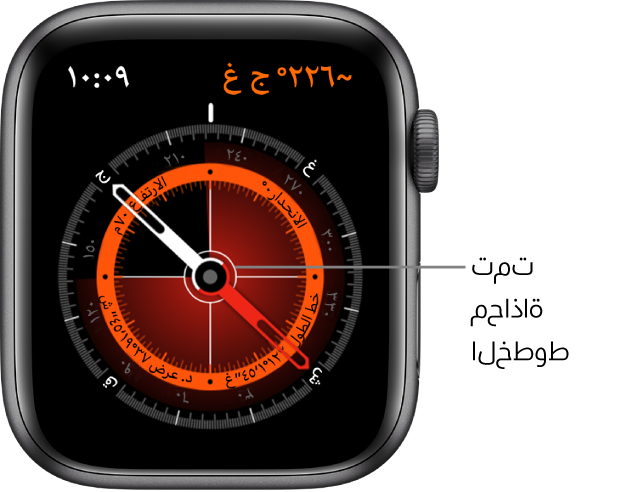 هذه البوصلة على واجهة Apple Watch. يظهر التوجيه في أعلى اليمين. تعرض الدائرة الداخلية الارتفاع والانحدار وخط الطول ودائرة العرض. تظهر الخطوط المتقاطعة وتشير إلى الشمال والجنوب والشرق والغرب.