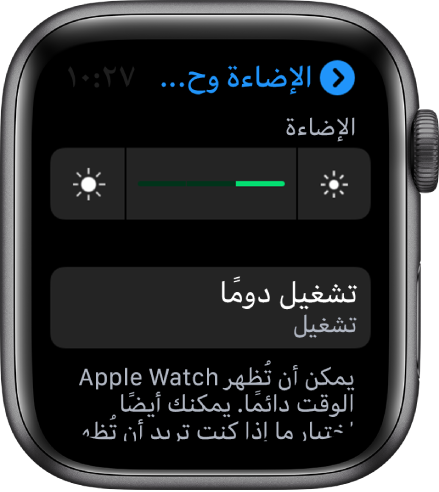 شاشة Apple Watch تعرض زر تشغيل دومًا في شاشة الإضاءة وحجم النص.