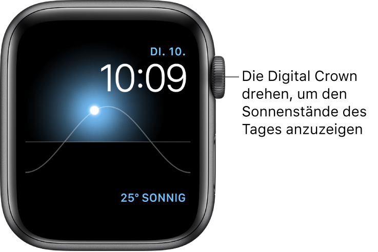 Auf dem Zifferblatt „Solar“ werden Wochentag, Datum und aktuelle Uhrzeit angezeigt und können nicht verstellt werden. Die Komplikation „Wetter“ befindet sich unten rechts. Drehe die Digital Crown, um den Stand der Sonne auf Dämmerung, Zenit, Sonnenaufgang, Sonnenuntergang oder Nacht zu ändern.