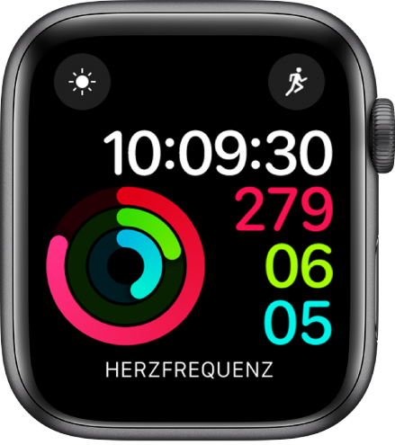 Das Zifferblatt „Aktivität Digital“ zeigt neben der Zeit auch deinen Fortschritt bei den Zielen „Bewegen“, „Trainieren“ und „Stehen“. Es gibt außerdem drei Komplikationen: „Wetterbedingungen“ oben links, „Training“ oben rechts und „Herzfrequenz“ unten.