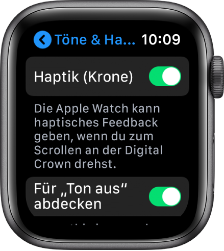 Der Bildschirm „Haptik (Krone)“ mit aktiviertem Schalter „Haptik (Krone)“.
