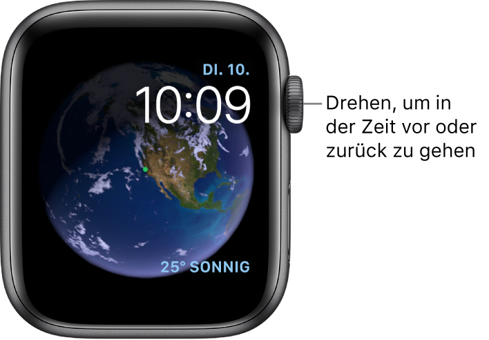 Auf dem Zifferblatt „Astronomie“ werden Wochentag, Datum und aktuelle Uhrzeit angezeigt. Die Komplikation „Wetter“ befindet sich unten rechts. Drehe die Digital Crown, um die Zeit zurück- oder vorzustellen.