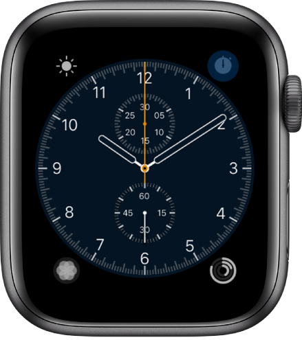 Das Zifferblatt „Chronograph“, auf dem du die Farbe und Details des Zifferblatts anpassen kannst. Es sind vier Komplikationen zu sehen: Oben links „Wetter“, oben rechts „Stoppuhr“, unten links „Atmen“ und unten rechts „Aktivität“.