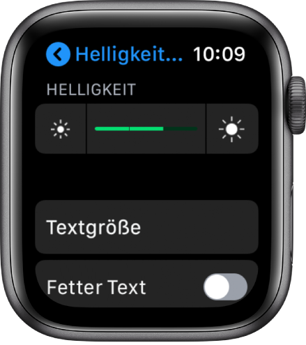 Helligkeitseinstellungen auf der Apple Watch mit dem Helligkeitsregler oben, der Taste „Textgröße“ darunter und der Steuerung „Fetter Text“ unten.