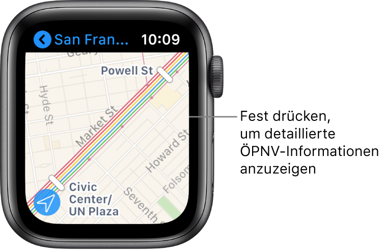 Die App „Karten“ zeigt Informationen zum öffentlichen Nahverkehr, einschließlich Routen und Haltestellennamen.