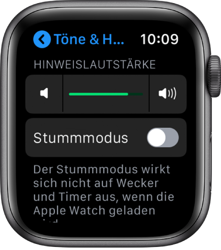 Die Einstellungen für „Töne & Haptik“ auf der Apple Watch mit dem Regler „Warnton-Lautstärke“ oben und der Taste „Stummmodus“ darunter.